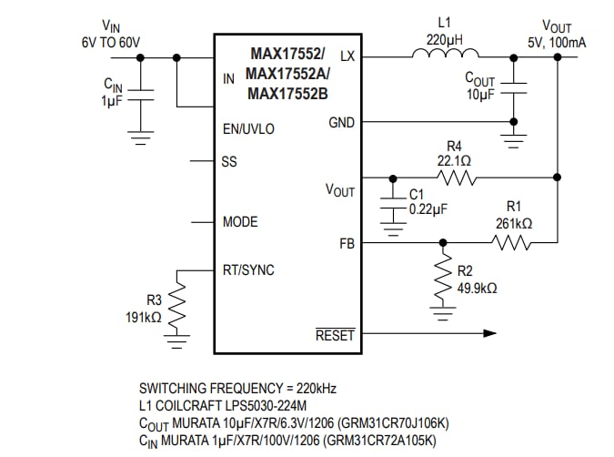 アプリケーション回路図 - Analog Devices / Maxim Integrated Maxim MAX17552高効率、高電圧、同期整流ステップダウンコンバータ